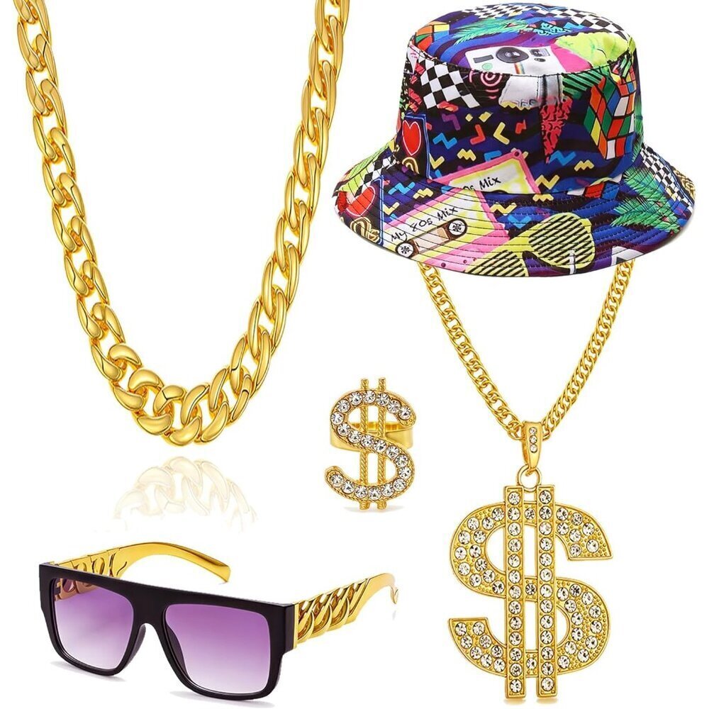 80s 90s Hip Hop Accessories Fake Gold Chain Sunglasses Ring Party Costume